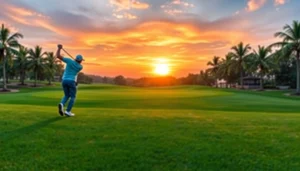 Pattaya Country Club features a golfer in motion against the backdrop of a vibrant sunset.