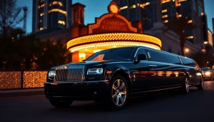 Grand limousine parked elegantly in front of a vibrant city event venue at twilight.
